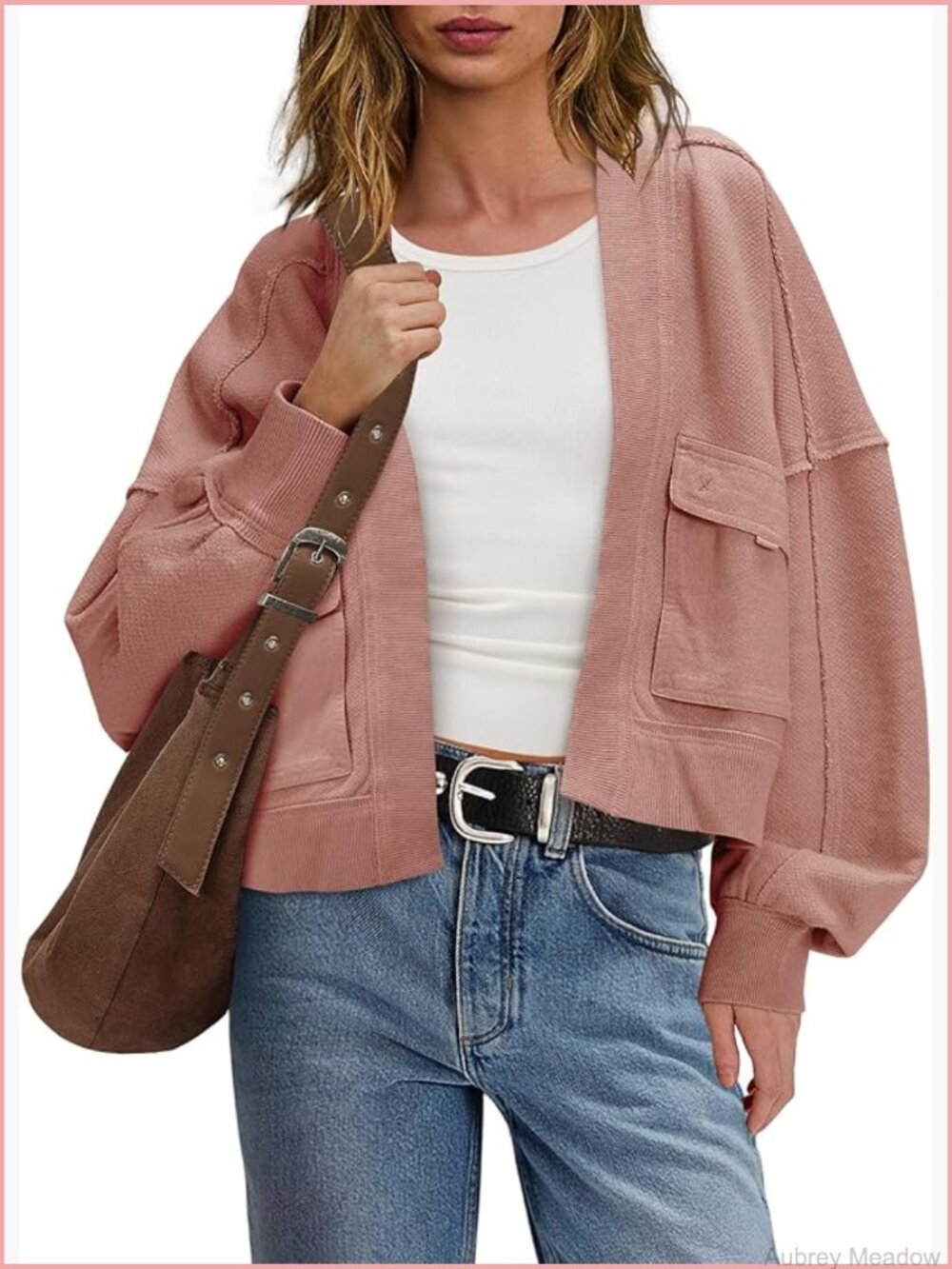 Oversized Cropped Cardigan Open Front Batwing Sleeve Sweatshirt